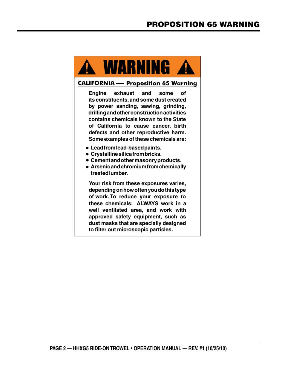 Proposition 65 warning | Multiquip HHXG5 User Manual | Page 2 / 52