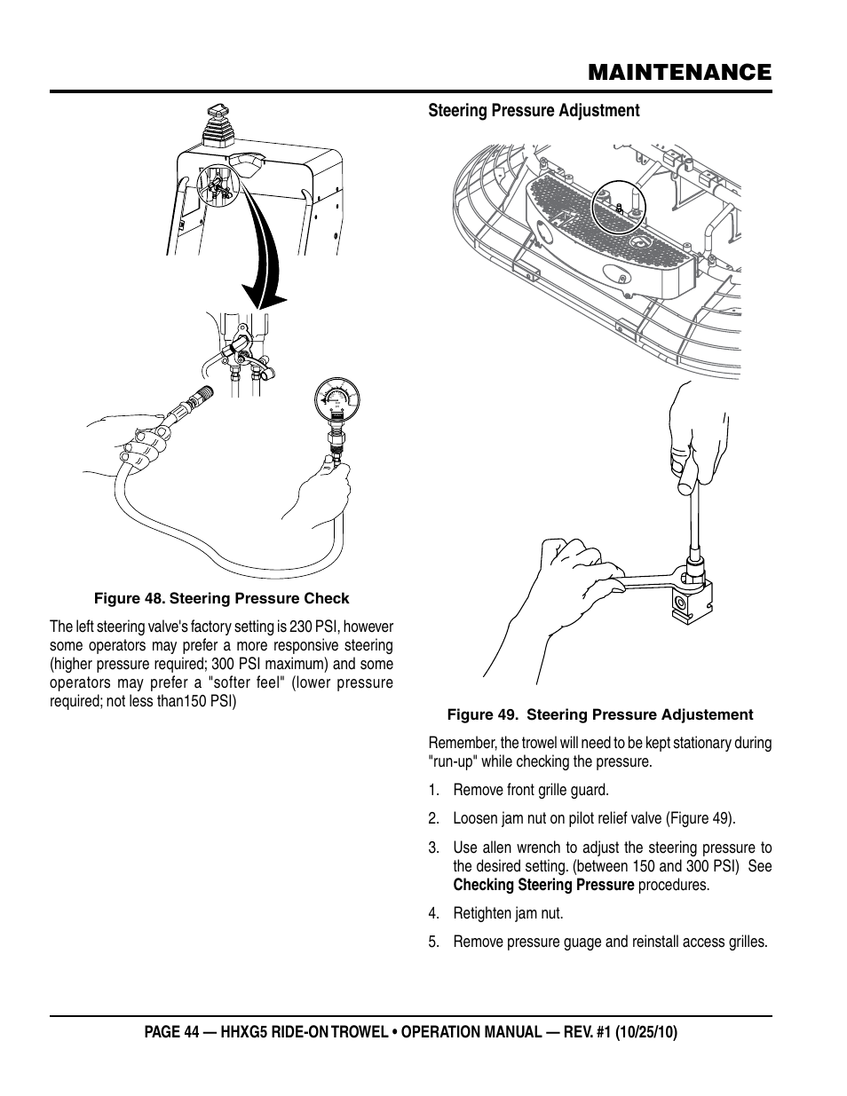 Maintenance, Steering pressure adjustment, Figure 48. steering pressure check | Figure 49. steering pressure adjustement | Multiquip HHXG5 User Manual | Page 44 / 52