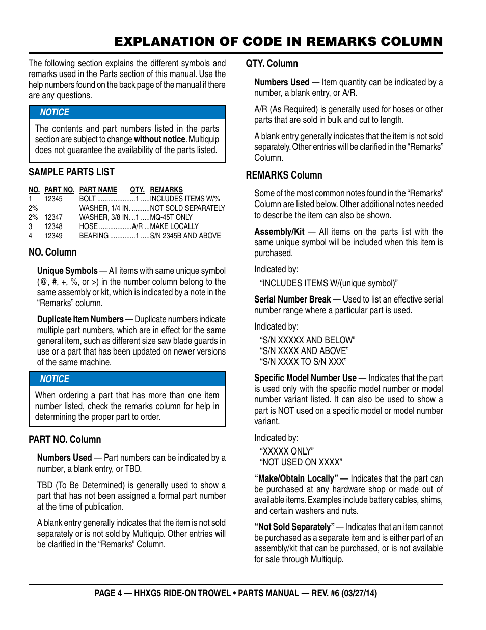 Explanation of code in remarks column | Multiquip HHXG5 User Manual | Page 4 / 68