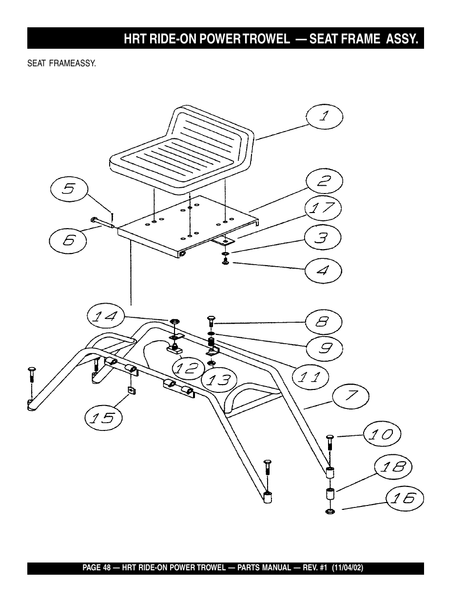 Hrt ride-on power trowel — seat frame assy | Multiquip HRT User Manual | Page 48 / 57