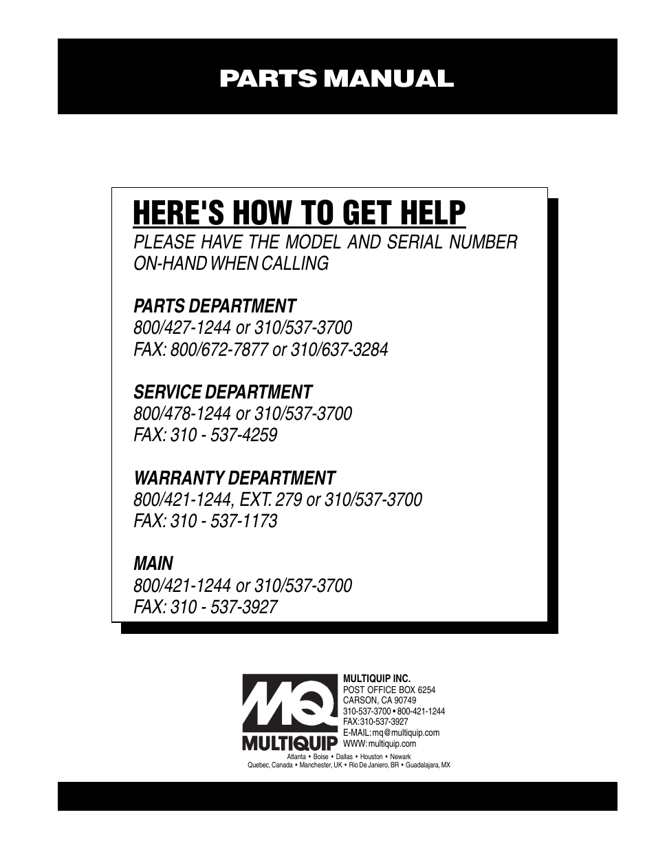 Here's how to get help, Parts manual | Multiquip HRT User Manual | Page 57 / 57