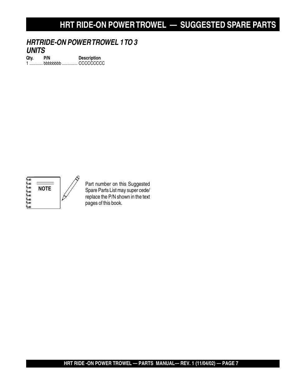 Hrt ride-on power trowel — suggested spare parts, Hrtride-on power trowel 1 to 3 units | Multiquip HRT User Manual | Page 7 / 57