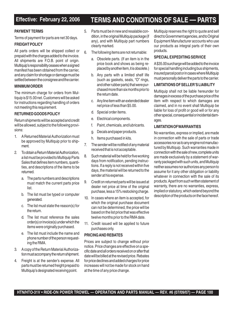 Terms and conditions of sale, Parts | Multiquip HTO_31V User Manual | Page 100 / 102