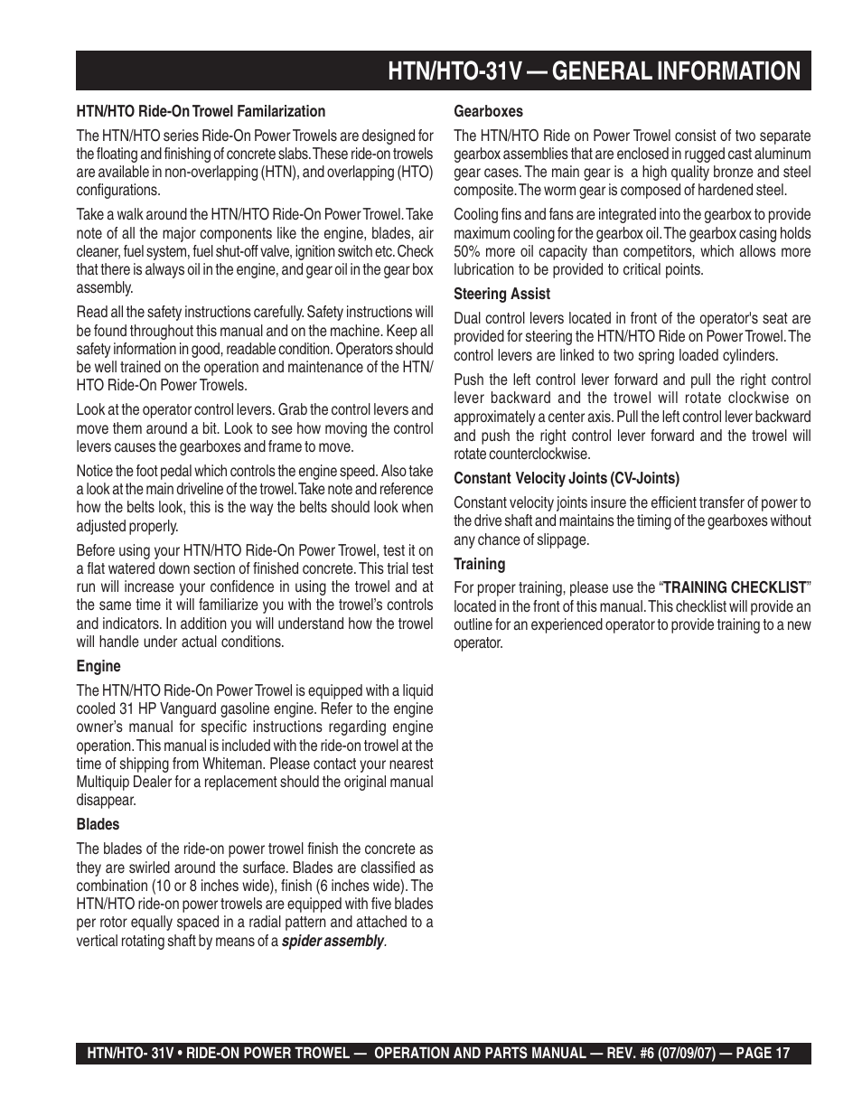 Htn/hto-31v — general information | Multiquip HTO_31V User Manual | Page 17 / 102