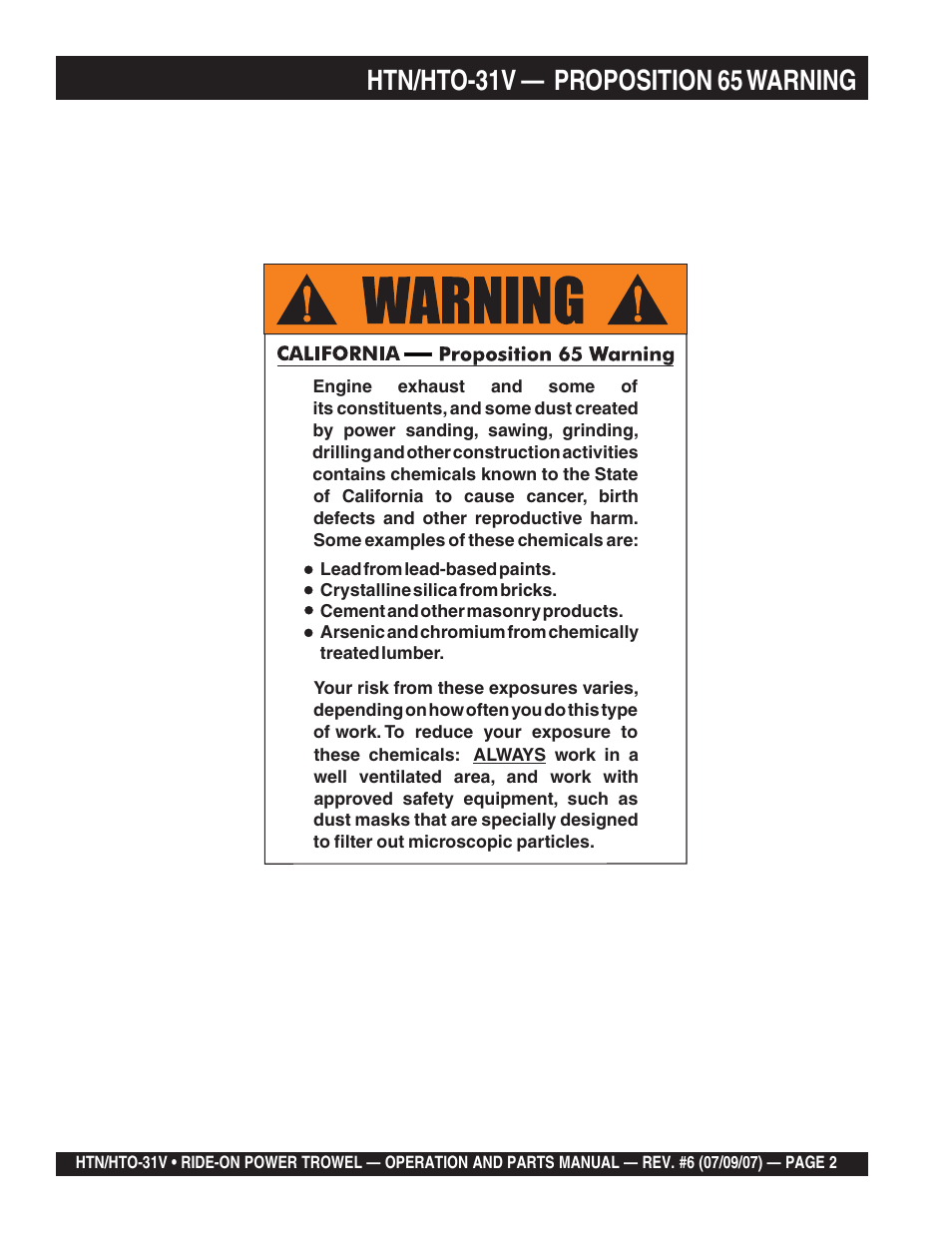 Htn/hto-31v — proposition 65 warning | Multiquip HTO_31V User Manual | Page 2 / 102