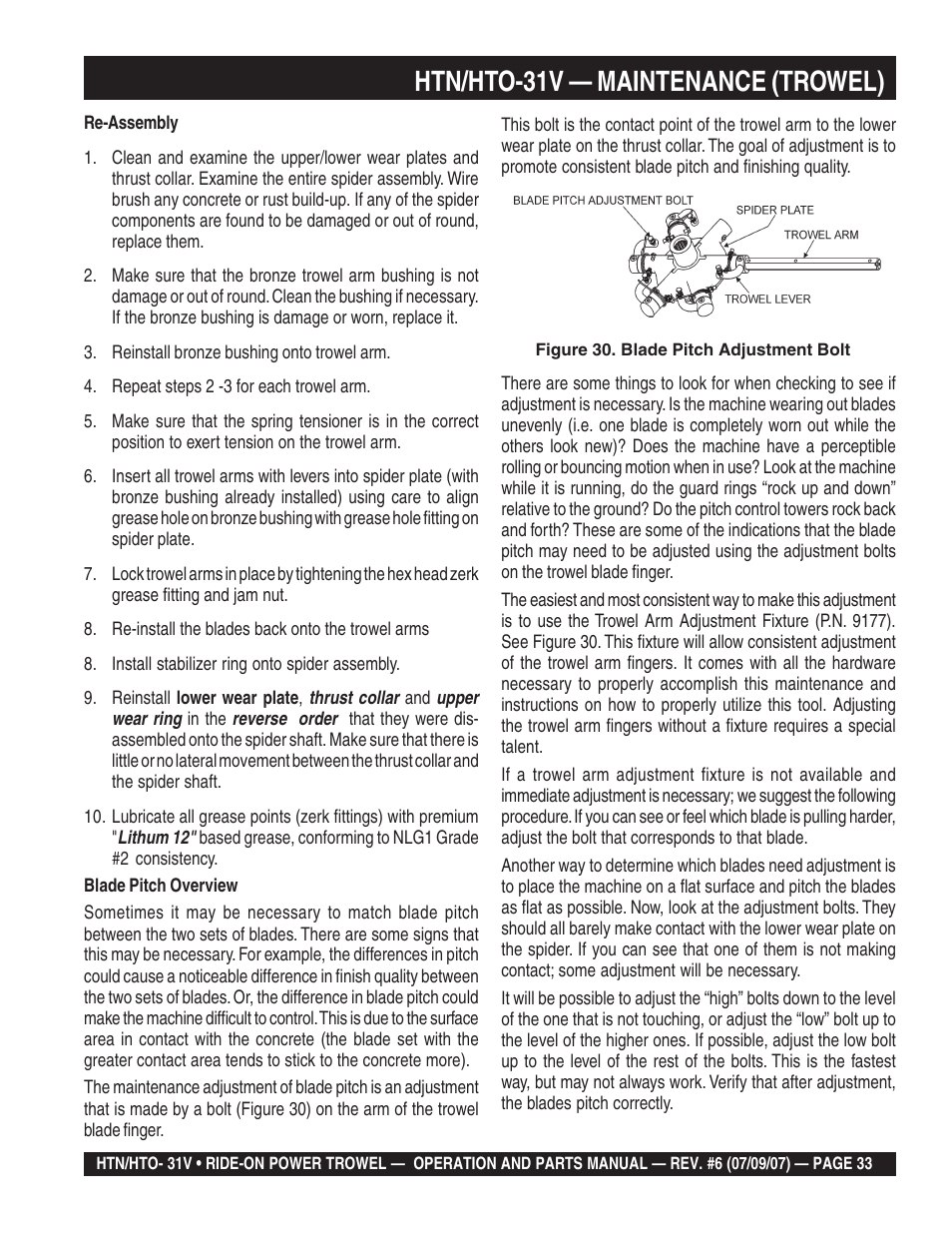 Htn/hto-31v — maintenance (trowel) | Multiquip HTO_31V User Manual | Page 33 / 102