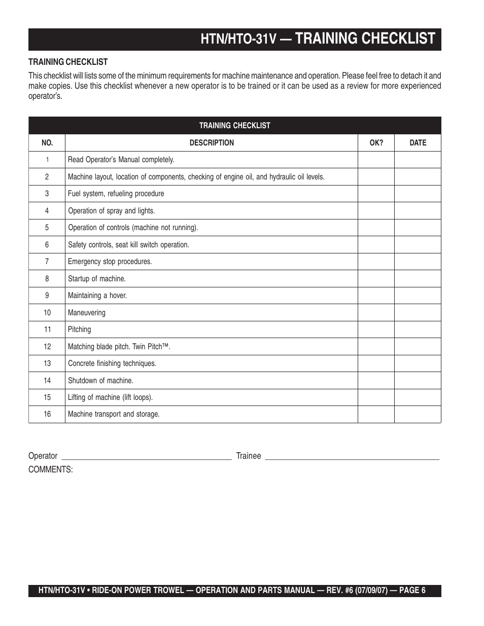 Training checklist, Htn/hto-31v | Multiquip HTO_31V User Manual | Page 6 / 102