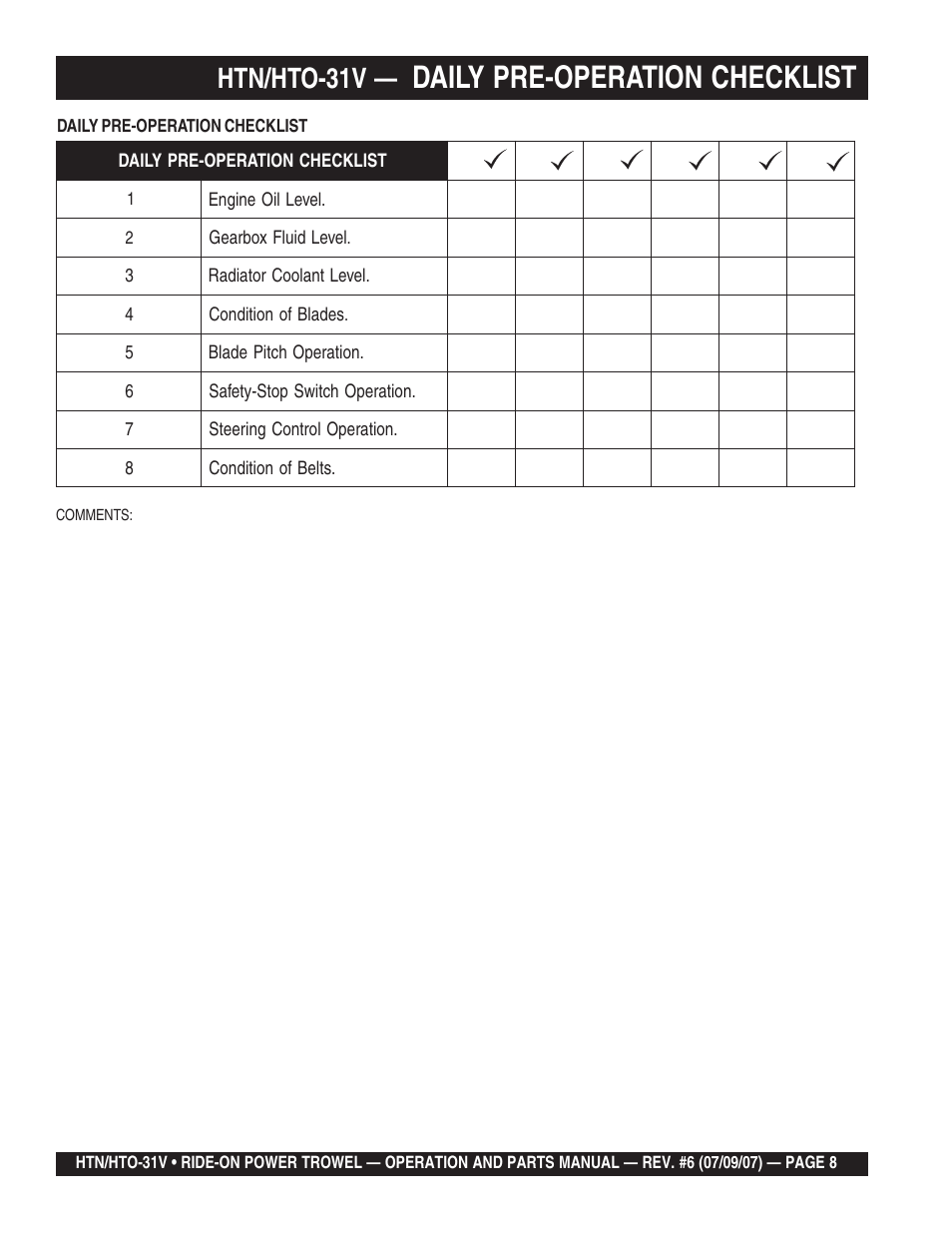 Daily pre-operation checklist, Htn/hto-31v | Multiquip HTO_31V User Manual | Page 8 / 102