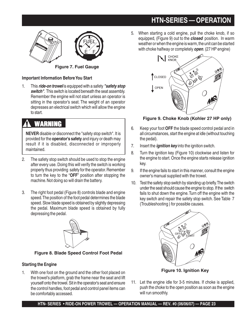 Htn-series — operation, Warning | Multiquip HTN27K_28K User Manual | Page 23 / 46