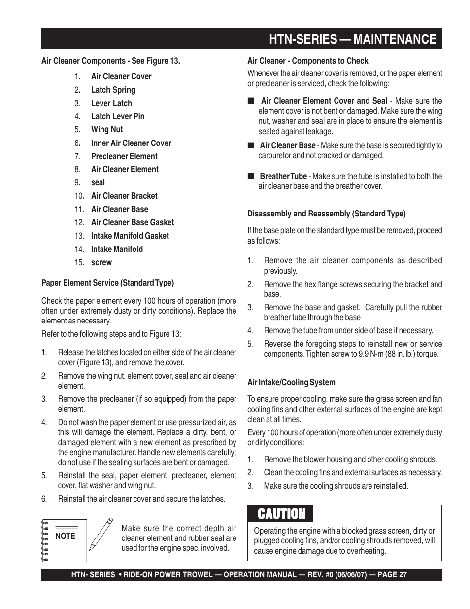 Htn-series — maintenance, Caution | Multiquip HTN27K_28K User Manual | Page 27 / 46