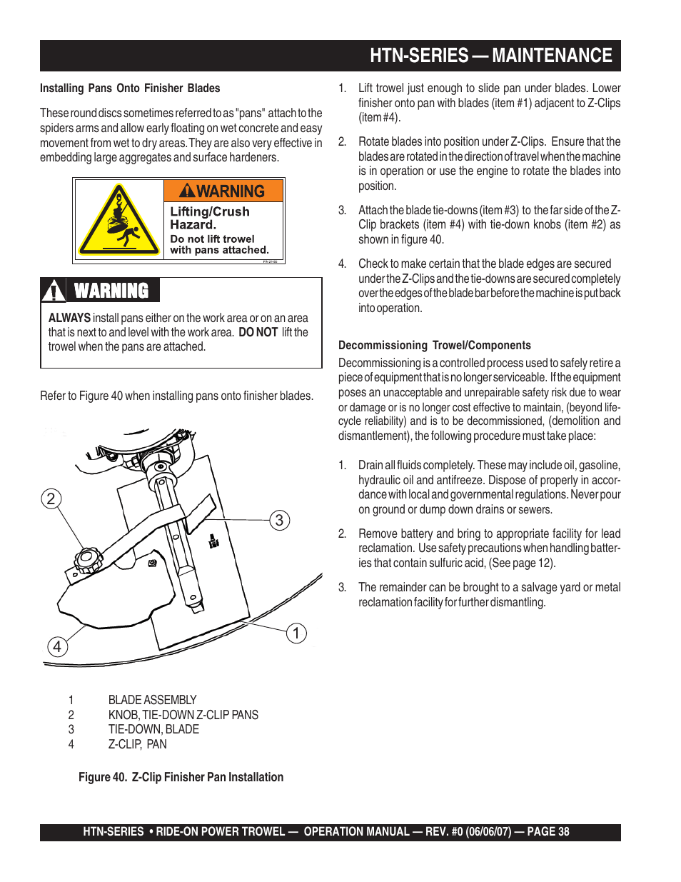 Htn-series — maintenance, Warning | Multiquip HTN27K_28K User Manual | Page 38 / 46