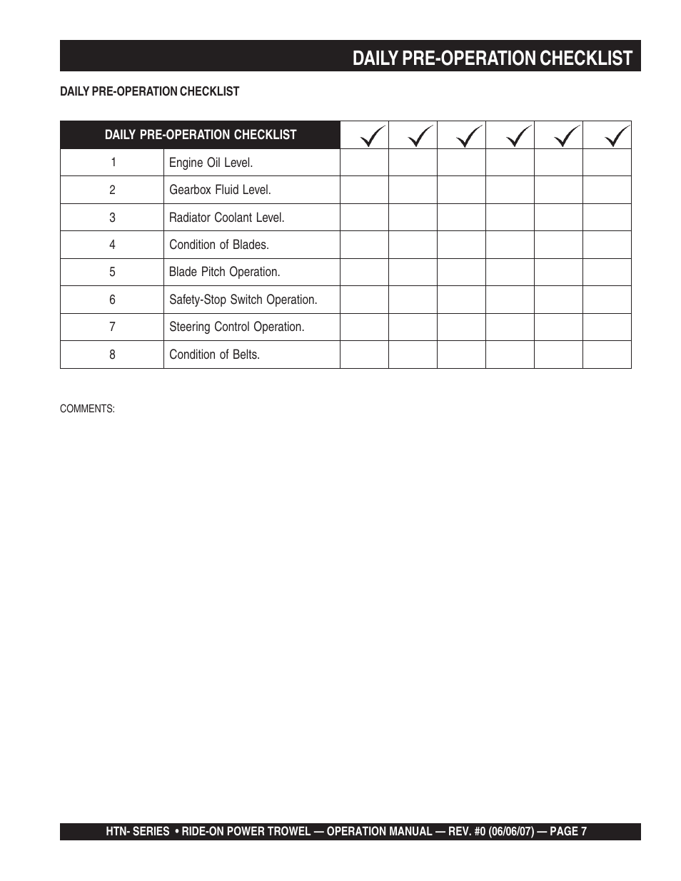 Daily pre-operation checklist | Multiquip HTN27K_28K User Manual | Page 7 / 46