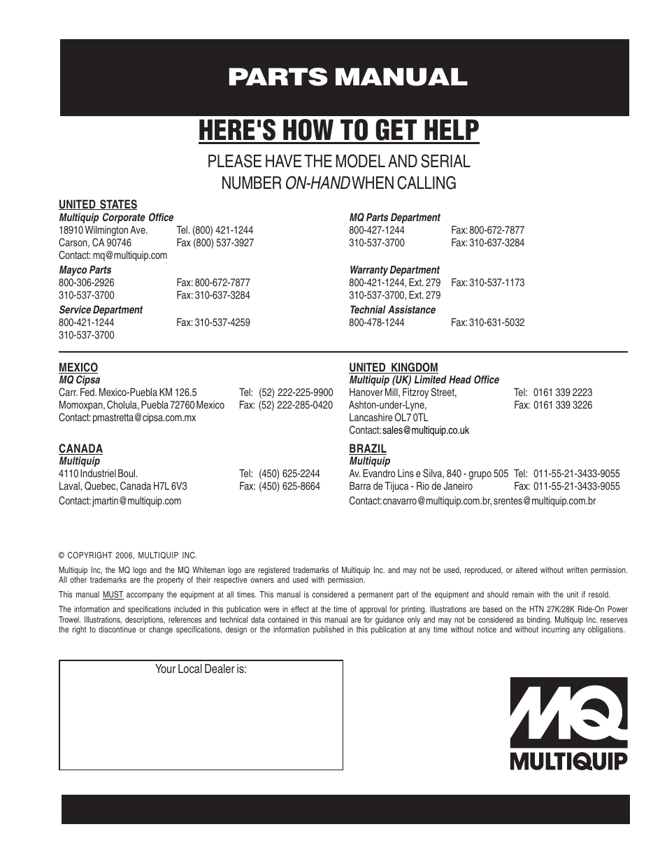 Here's how to get help, Parts manual, On-hand | Please have the model and serial number, When calling | Multiquip HTN27K_28K User Manual | Page 66 / 66