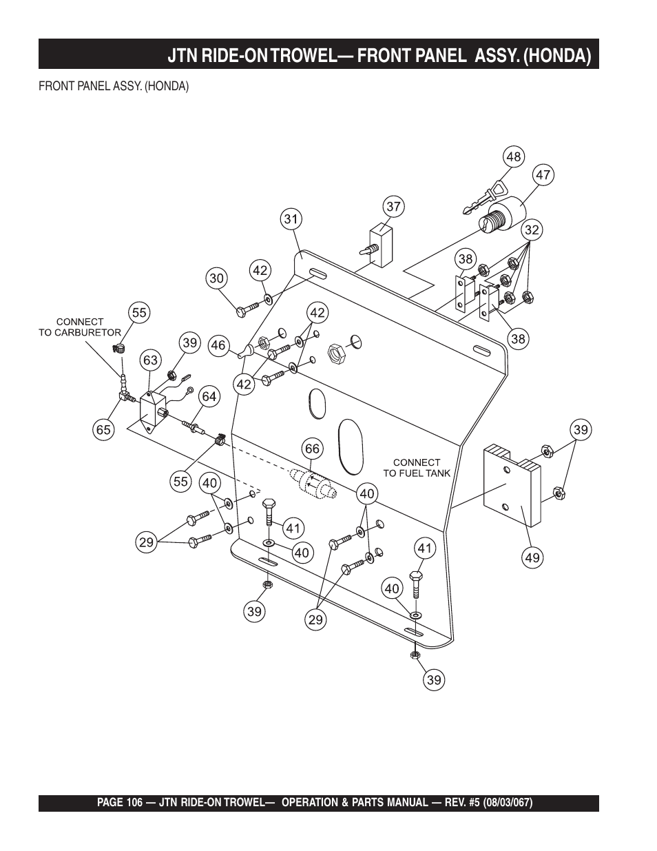 Jtn ride-on trowel— front panel assy. (honda) | Multiquip JTN User Manual | Page 106 / 116