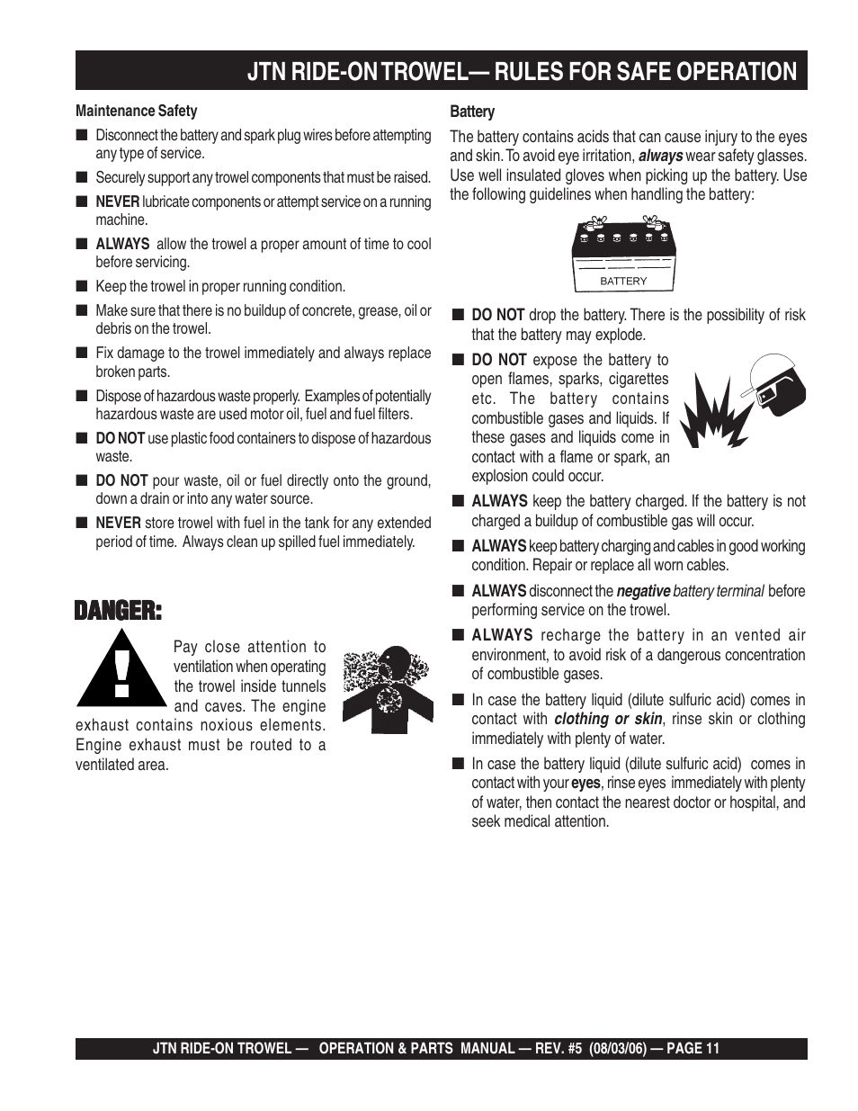 Jtn ride-on trowel— rules for safe operation, Danger | Multiquip JTN User Manual | Page 11 / 116