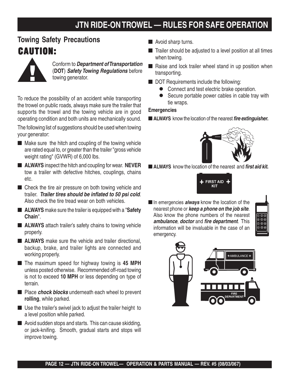Caution, Jtn ride-on trowel — rules for safe operation, Towing safety precautions | Multiquip JTN User Manual | Page 12 / 116