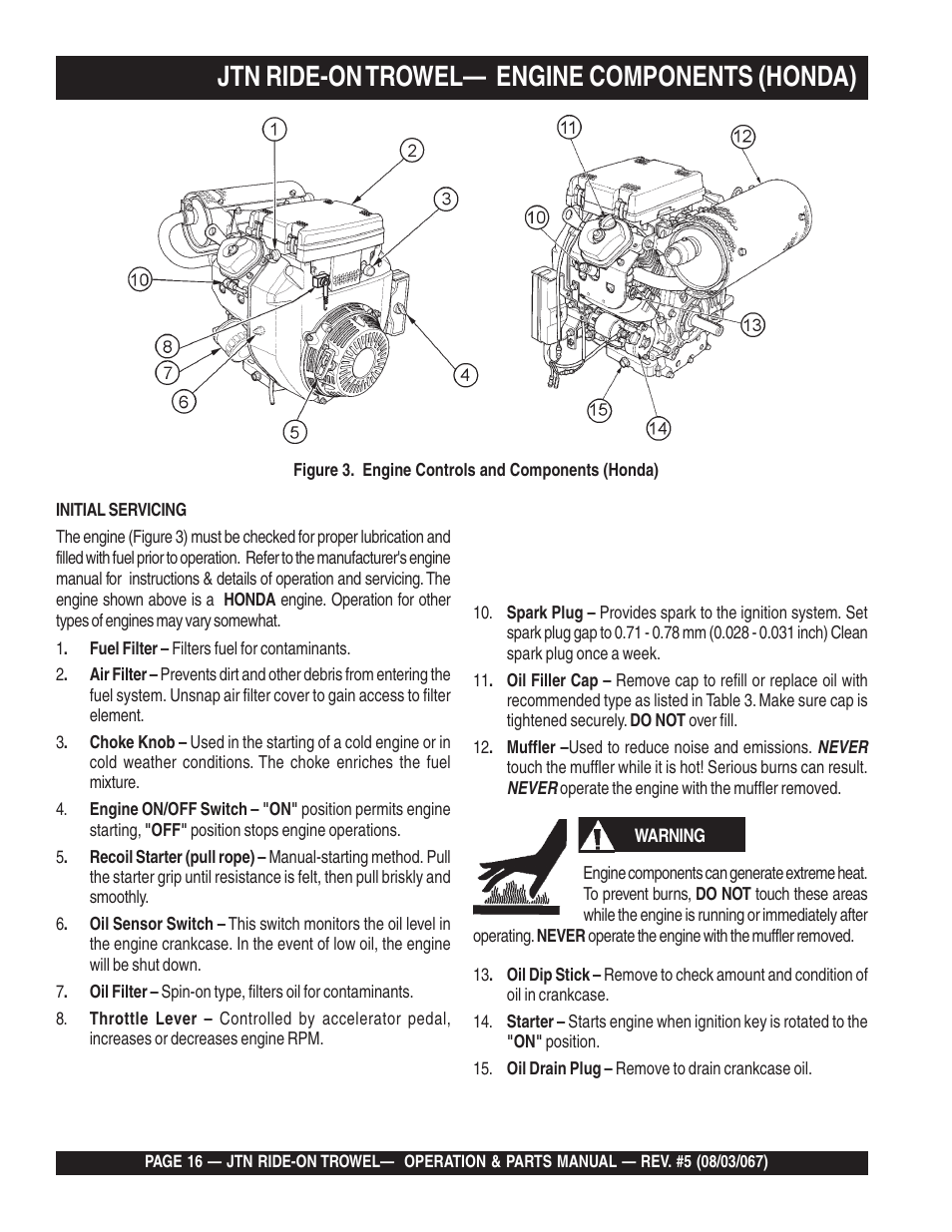 Jtn ride-on trowel— engine components (honda) | Multiquip JTN User Manual | Page 16 / 116