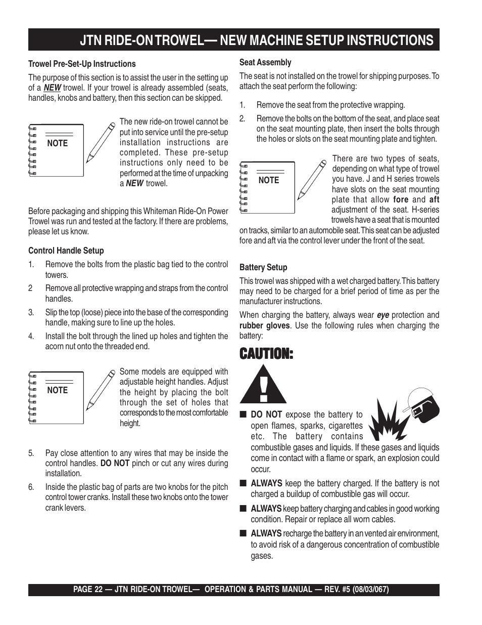 Jtn ride-on trowel, New machine setup instructions, Caution | Multiquip JTN User Manual | Page 22 / 116