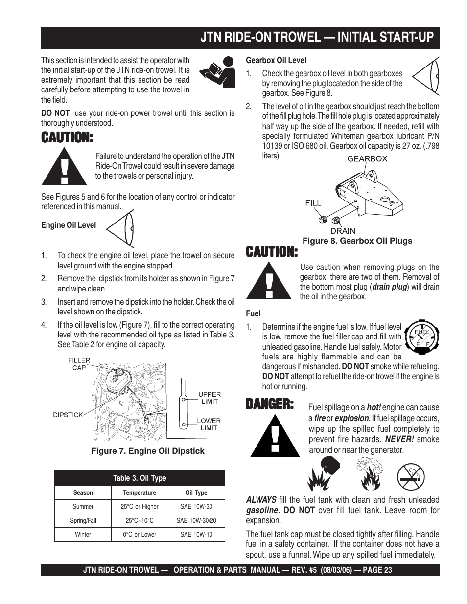 Caution, Jtn ride-on trowel — initial start-up, Danger | Multiquip JTN User Manual | Page 23 / 116