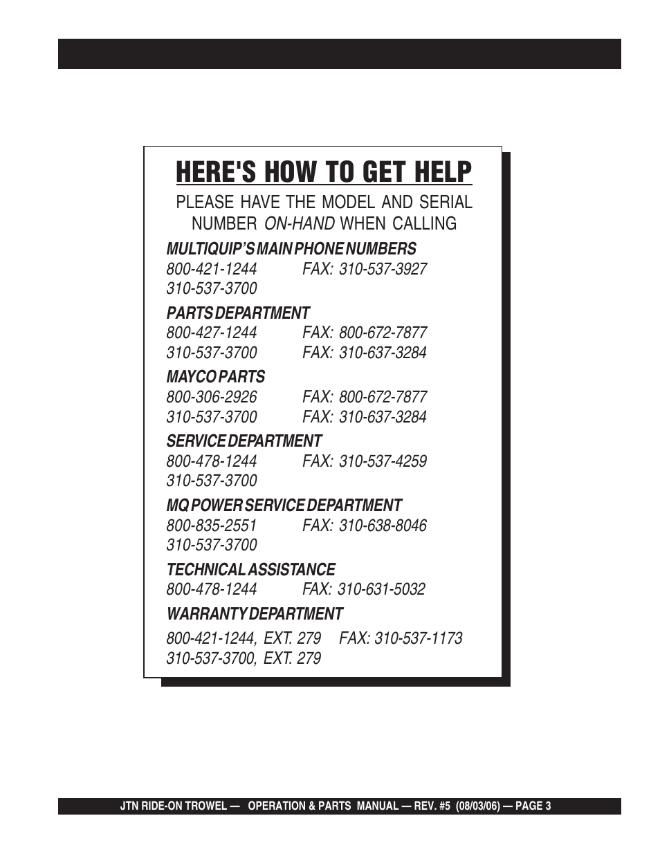 Here's how to get help | Multiquip JTN User Manual | Page 3 / 116