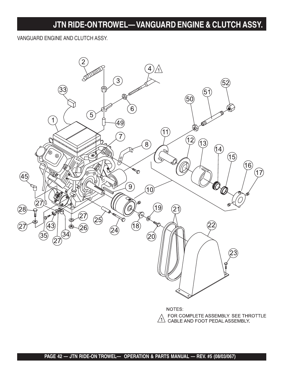 Jtn ride-on trowel— vanguard engine & clutch assy | Multiquip JTN User Manual | Page 42 / 116