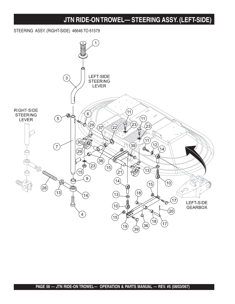 Jtn ride-on trowel— steering assy. (left-side) | Multiquip JTN User Manual | Page 56 / 116