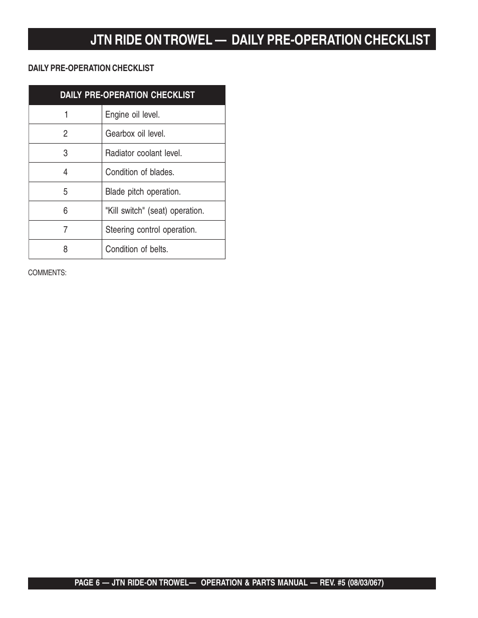 Jtn ride on trowel — daily pre-operation checklist | Multiquip JTN User Manual | Page 6 / 116
