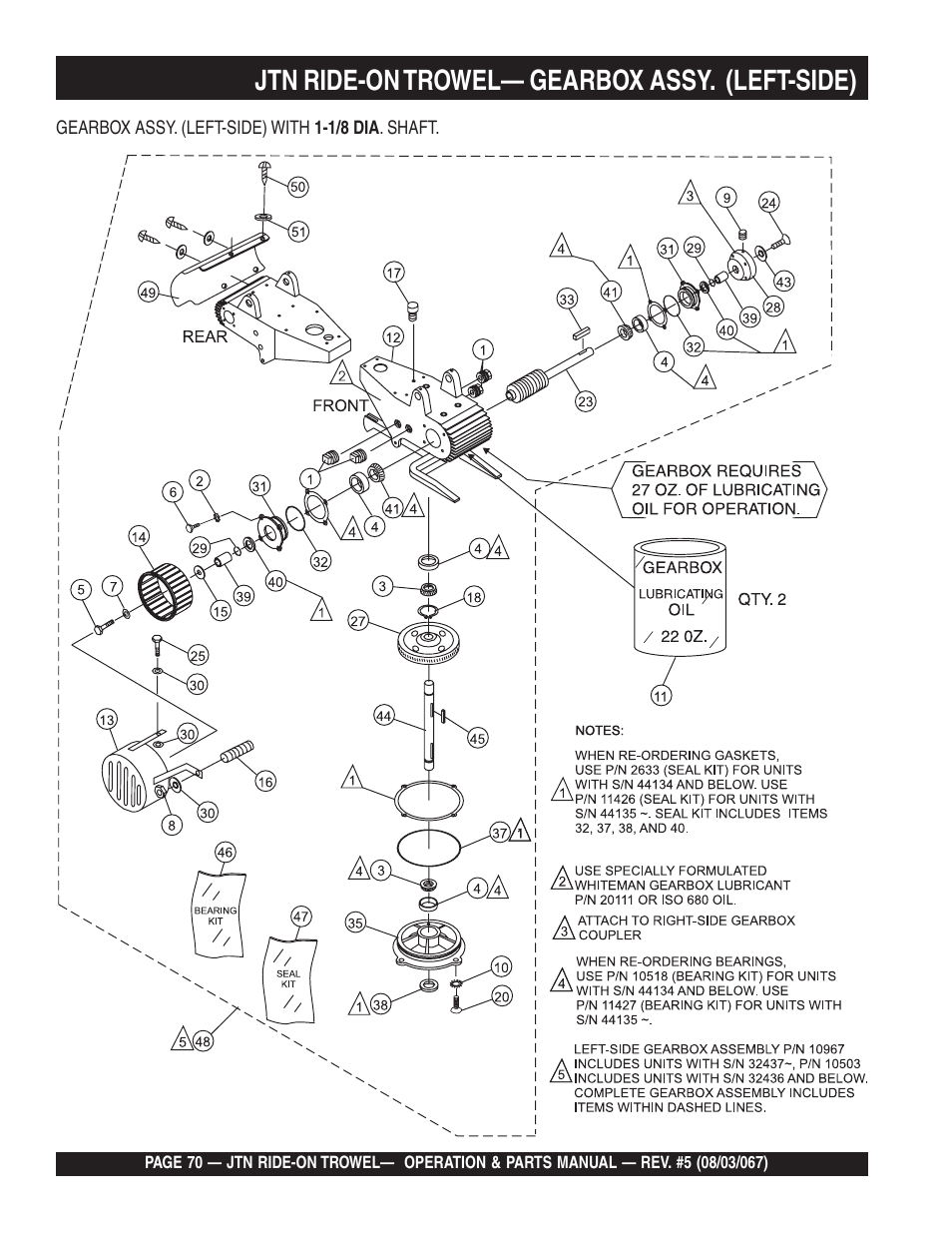 Jtn ride-on trowel— gearbox assy. (left-side) | Multiquip JTN User Manual | Page 70 / 116