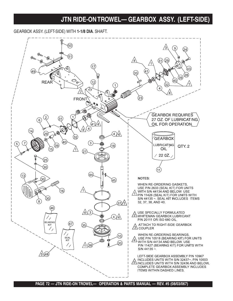 Jtn ride-on trowel— gearbox assy. (left-side) | Multiquip JTN User Manual | Page 72 / 116