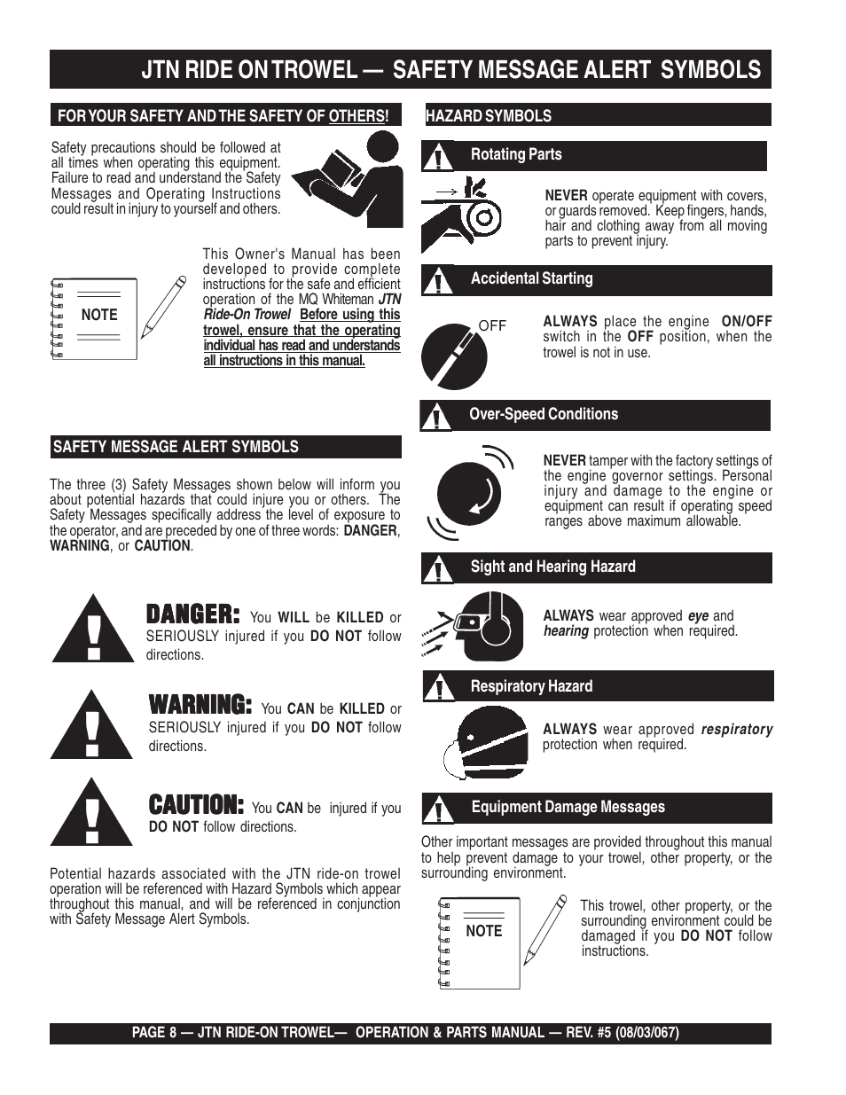 Jtn ride on trowel — safety message alert symbols, Danger, Wwarning: arning: arning: arning: arning | Caution | Multiquip JTN User Manual | Page 8 / 116