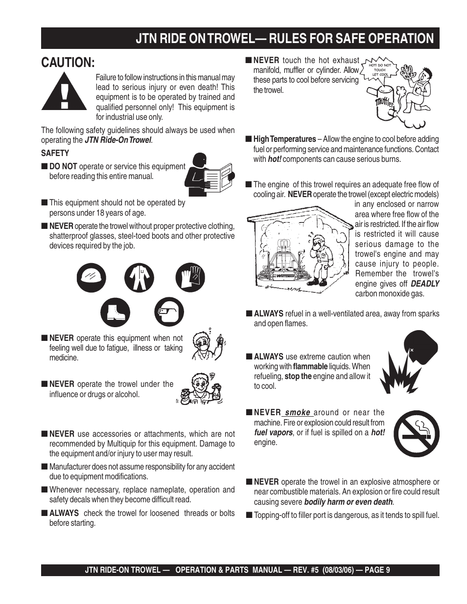 Caution, Jtn ride on trowel— rules for safe operation | Multiquip JTN User Manual | Page 9 / 116