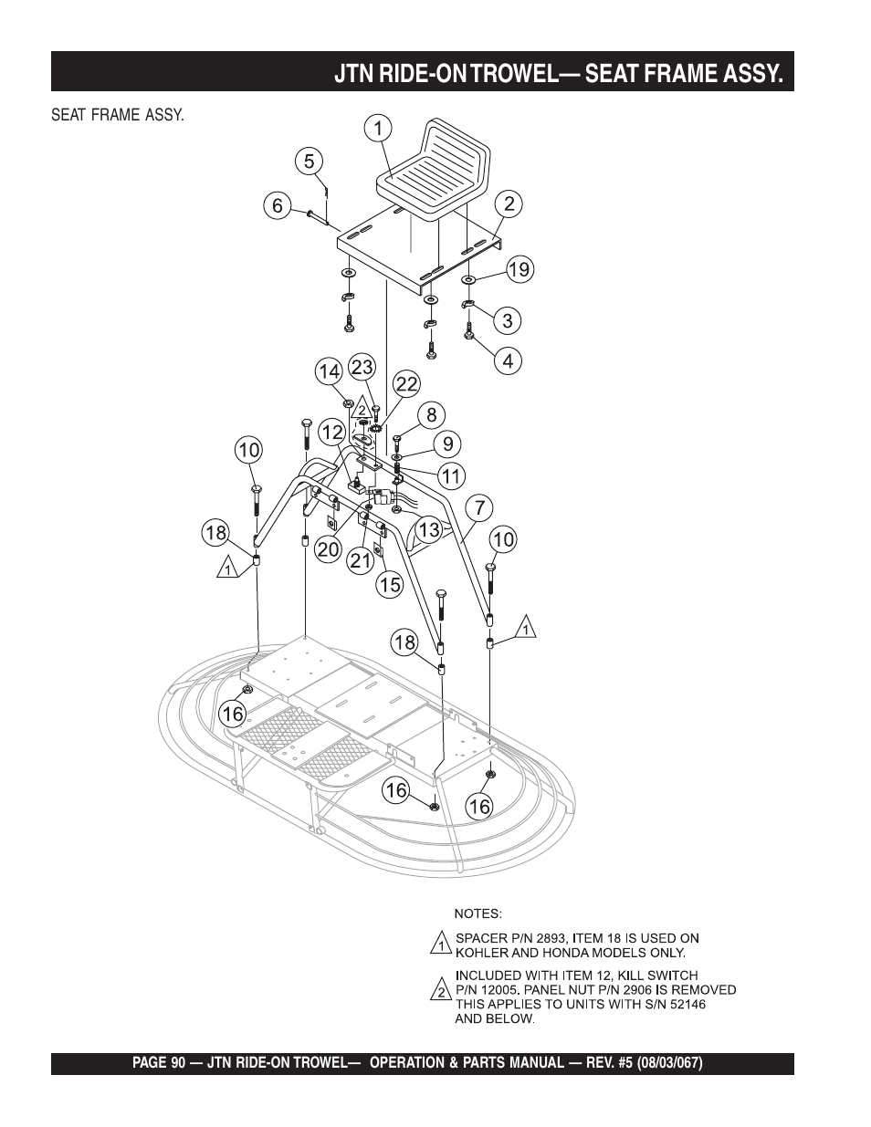 Jtn ride-on trowel— seat frame assy | Multiquip JTN User Manual | Page 90 / 116
