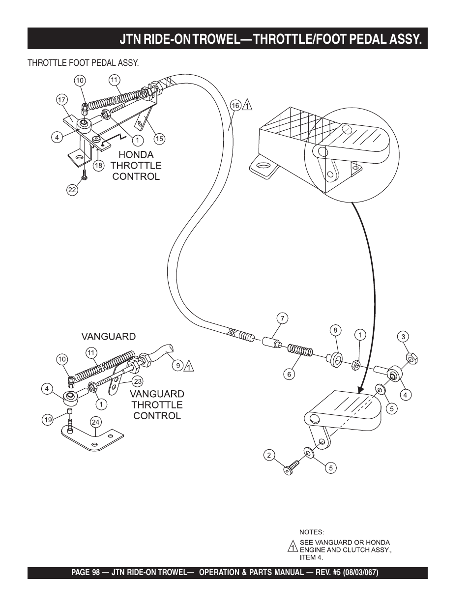 Jtn ride-on trowel— throttle/foot pedal assy | Multiquip JTN User Manual | Page 98 / 116