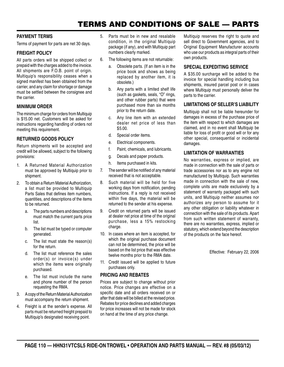 Terms and conditions of sale — parts | Multiquip HHN31VTCSL5 User Manual | Page 110 / 112