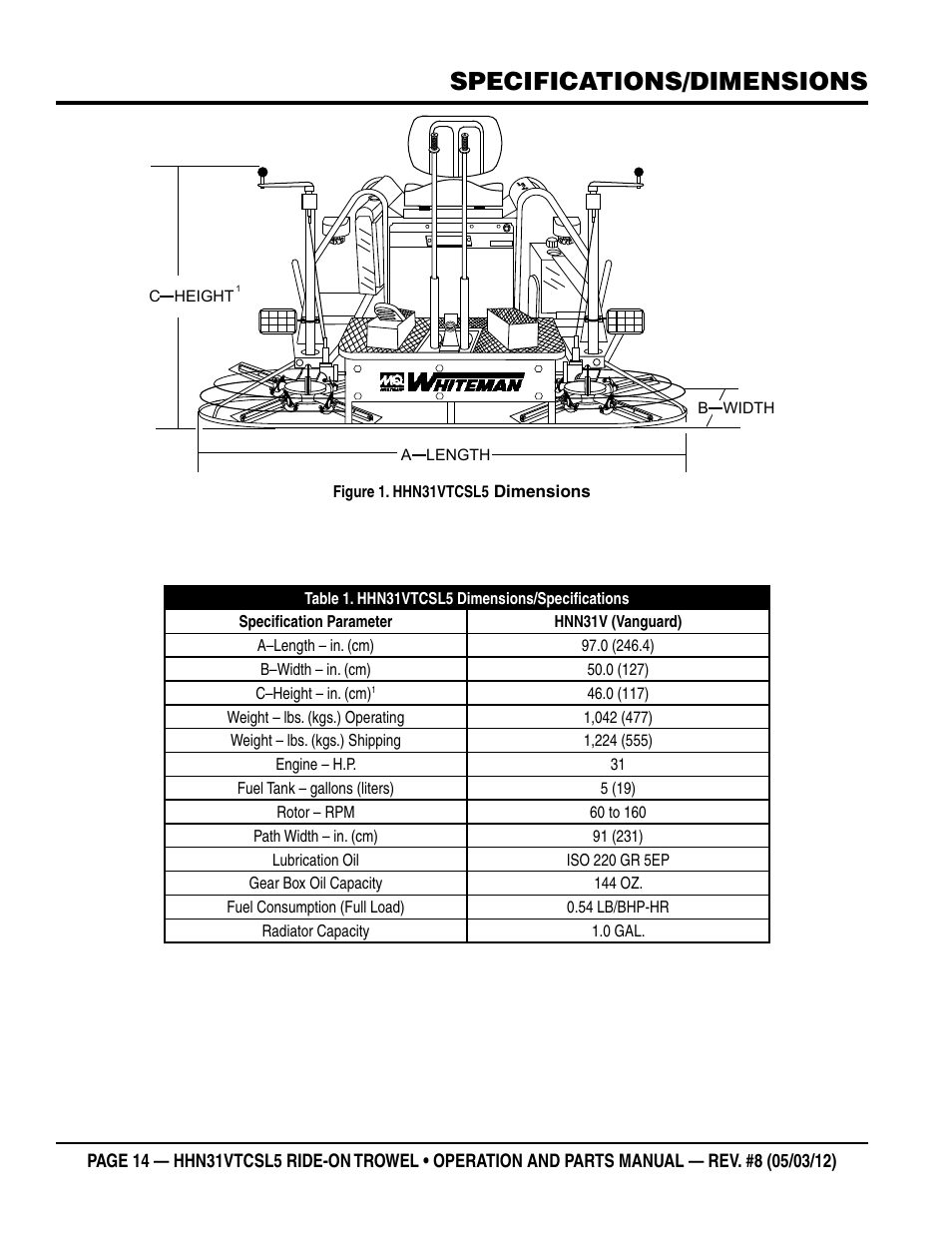 Specifications/dimensions | Multiquip HHN31VTCSL5 User Manual | Page 14 / 112