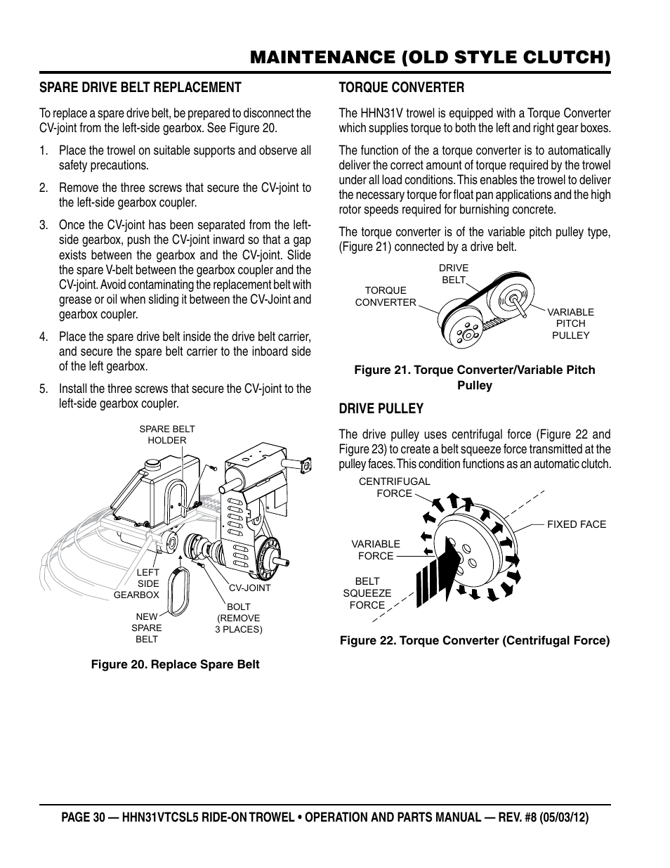 Maintenance (old style clutch), Spare drive belt replacement, Torque converter | Drive pulley | Multiquip HHN31VTCSL5 User Manual | Page 30 / 112