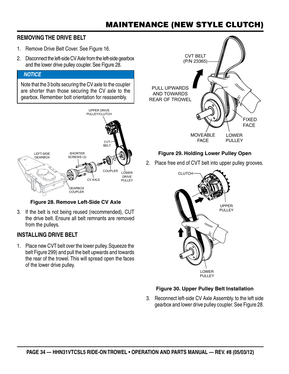 Maintenance (new style clutch), Removing the drive belt, Installing drive belt | Multiquip HHN31VTCSL5 User Manual | Page 34 / 112