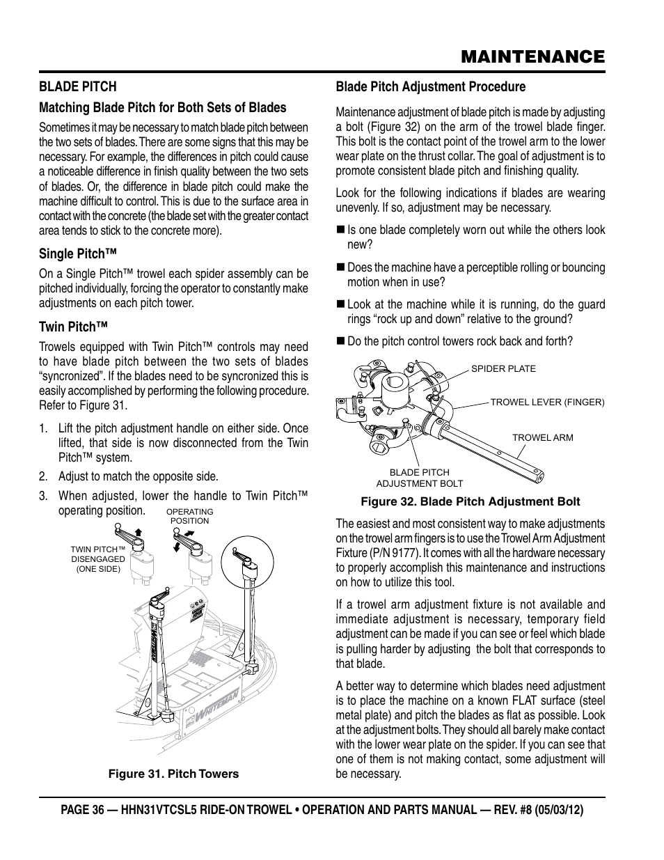 Maintenance, Single pitch, Twin pitch | Blade pitch adjustment procedure | Multiquip HHN31VTCSL5 User Manual | Page 36 / 112