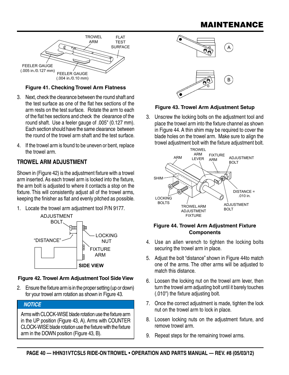 Maintenance, Trowel arm adjustment | Multiquip HHN31VTCSL5 User Manual | Page 40 / 112
