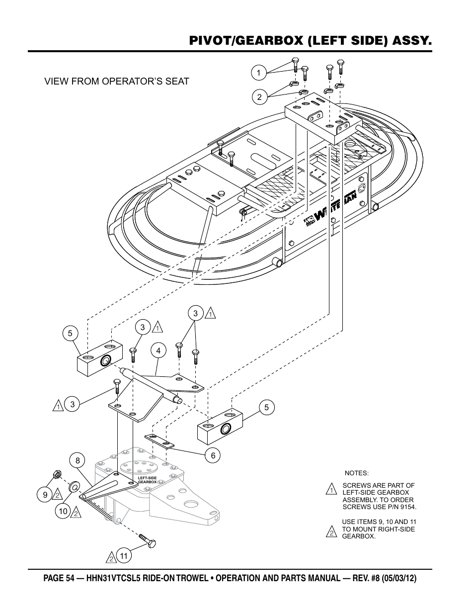 Pivot/gearbox (left side) assy, View from operator’s seat | Multiquip HHN31VTCSL5 User Manual | Page 54 / 112