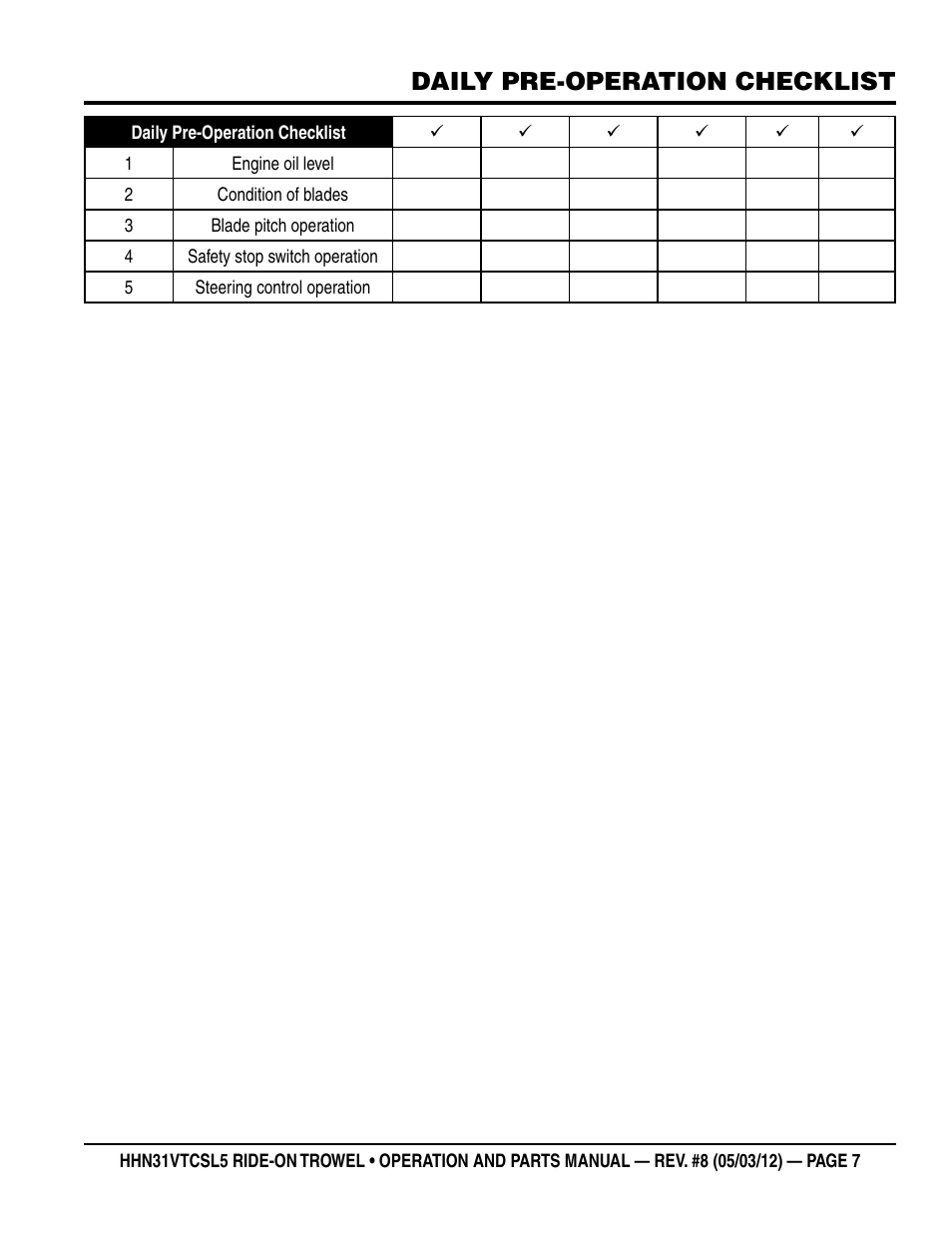 Daily pre-operation checklist | Multiquip HHN31VTCSL5 User Manual | Page 7 / 112