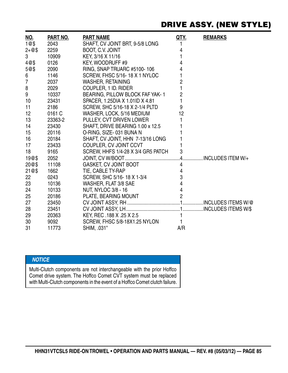 Drive assy. (new style) | Multiquip HHN31VTCSL5 User Manual | Page 85 / 112