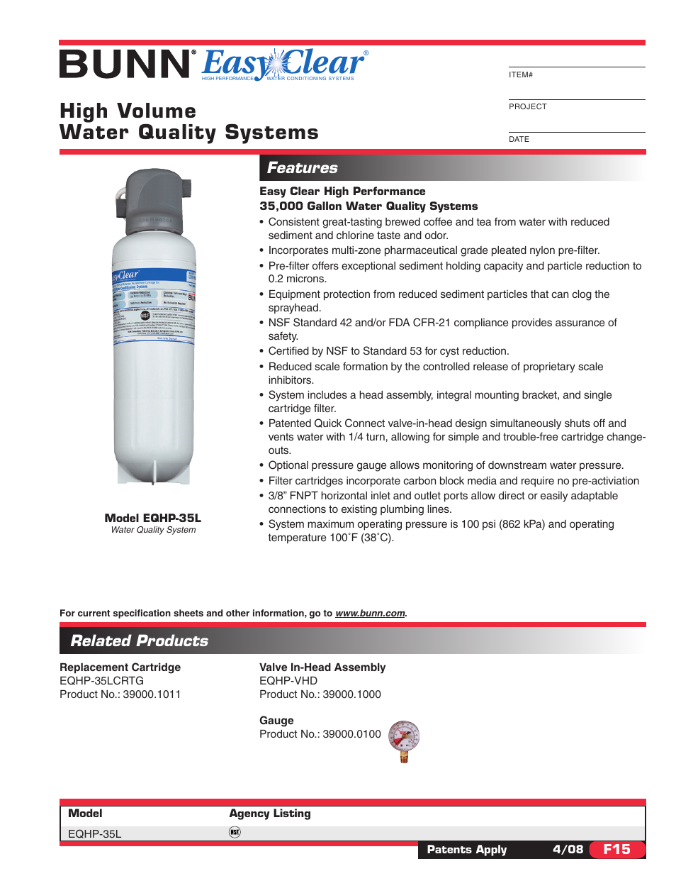 Bunn Water Quality System EQHP-35L User Manual | 2 pages