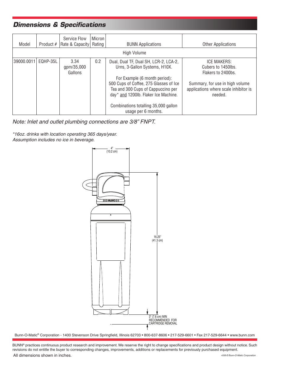 Dimensions & specifications | Bunn Water Quality System EQHP-35L User Manual | Page 2 / 2