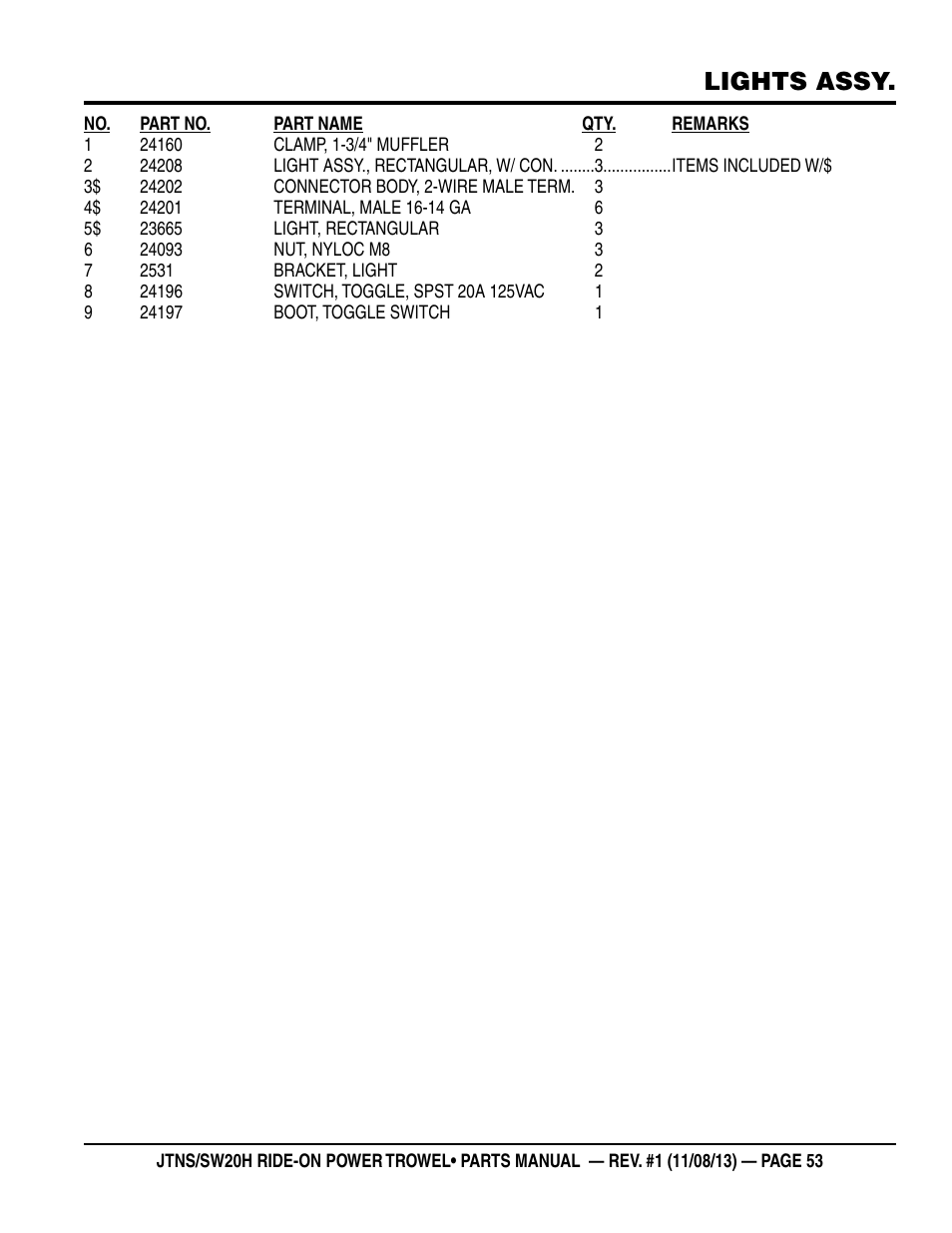 Lights assy | Multiquip JTNSW20HTCS User Manual | Page 53 / 62