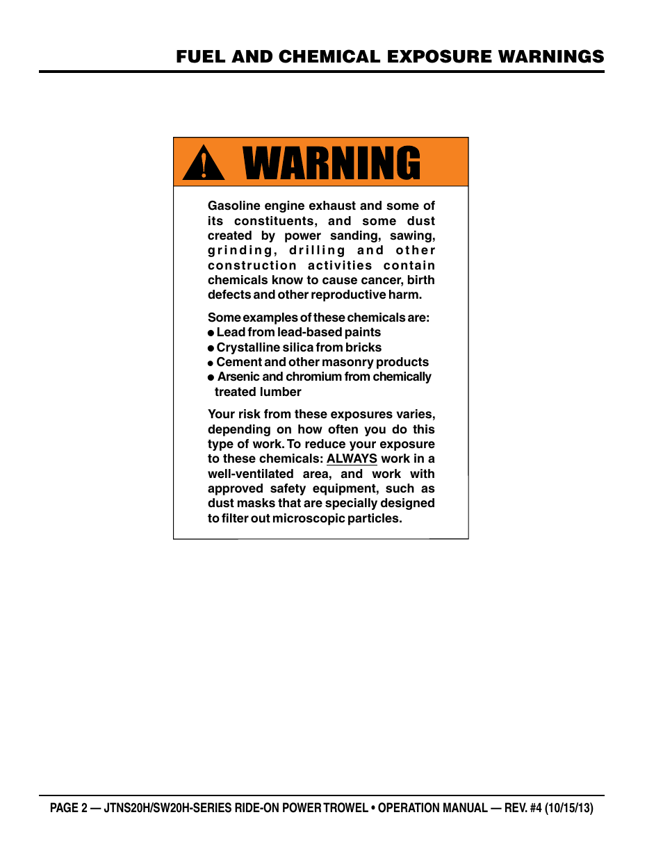 Fuel and chemical exposure warnings | Multiquip JTNSW20HTCSL User Manual | Page 2 / 46