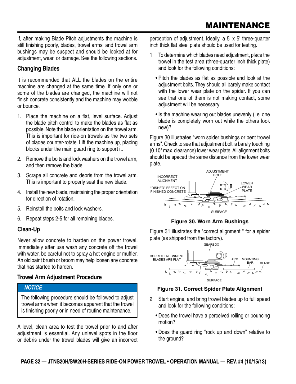 Maintenance, Changing blades, Clean-up | Trowel arm adjustment procedure | Multiquip JTNSW20HTCSL User Manual | Page 32 / 46