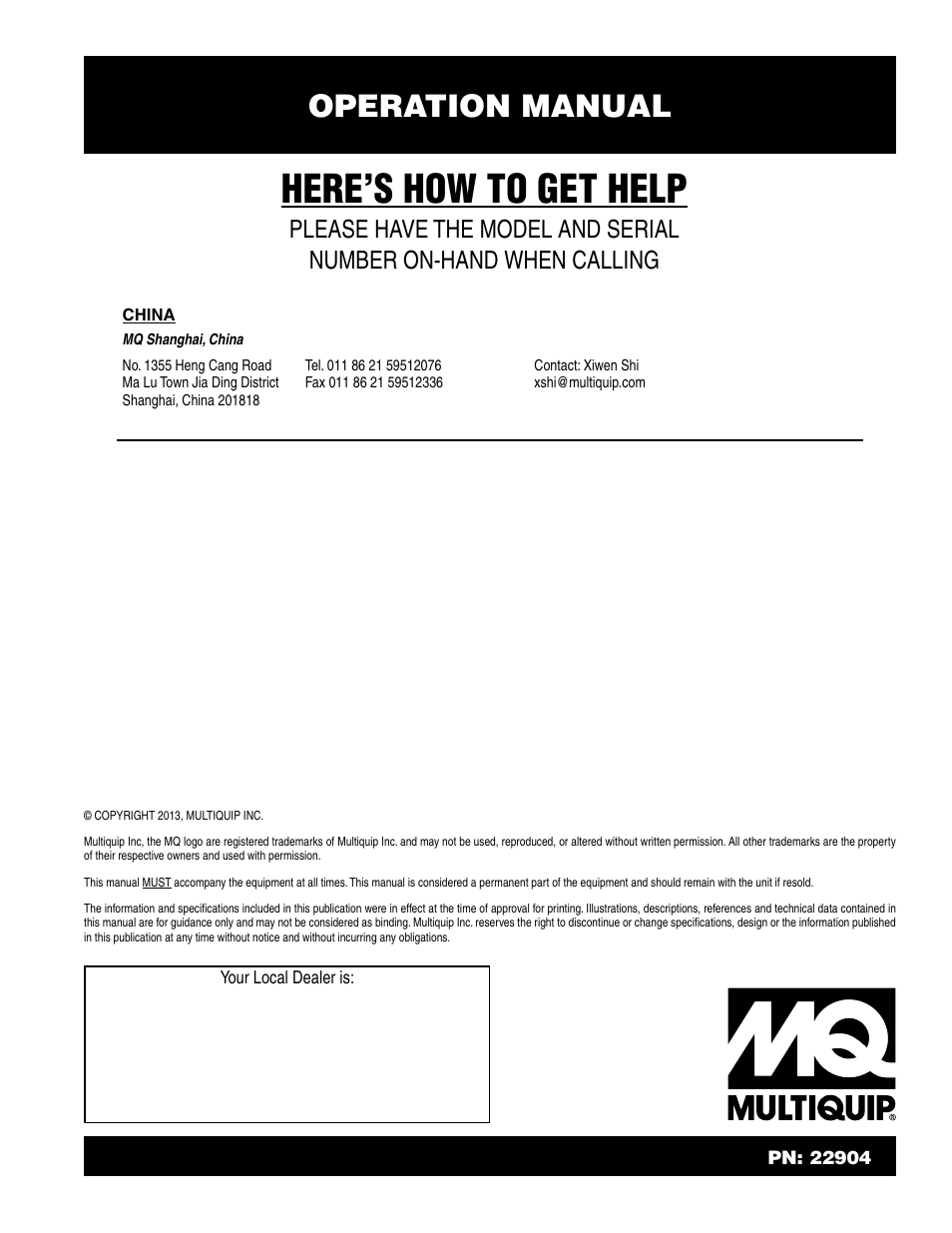 Here’s how to get help, Operation manual | Multiquip JTNSW20HTCSL User Manual | Page 46 / 46