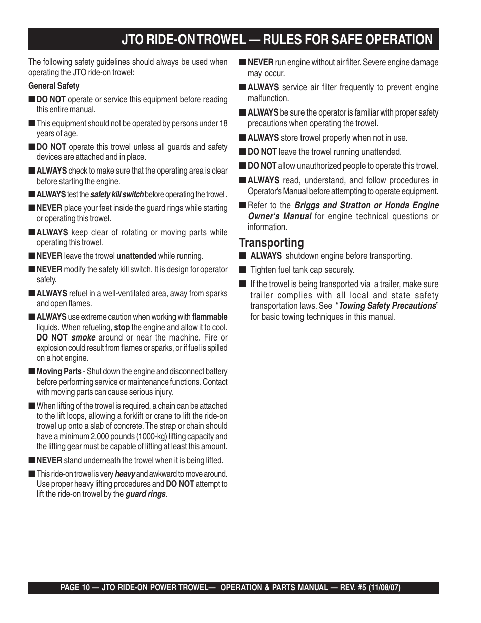 Jto ride-on trowel — rules for safe operation, Transporting | Multiquip JTO User Manual | Page 10 / 112
