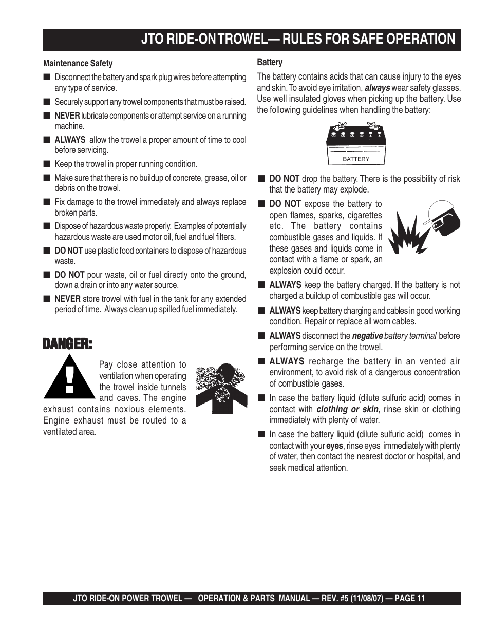 Jto ride-on trowel— rules for safe operation, Danger | Multiquip JTO User Manual | Page 11 / 112